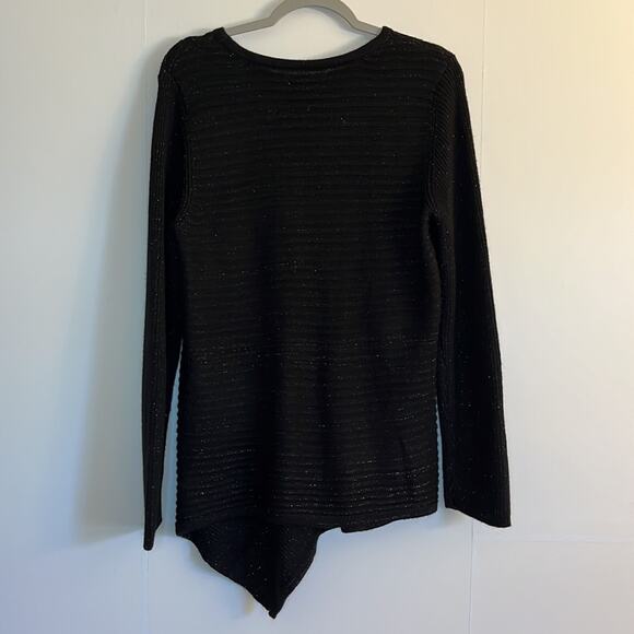 Dana Buchman Asymmetrical Hem Tunic Sweater Size L Black w/ Gold Metallic Thread - Picture 2 of 7